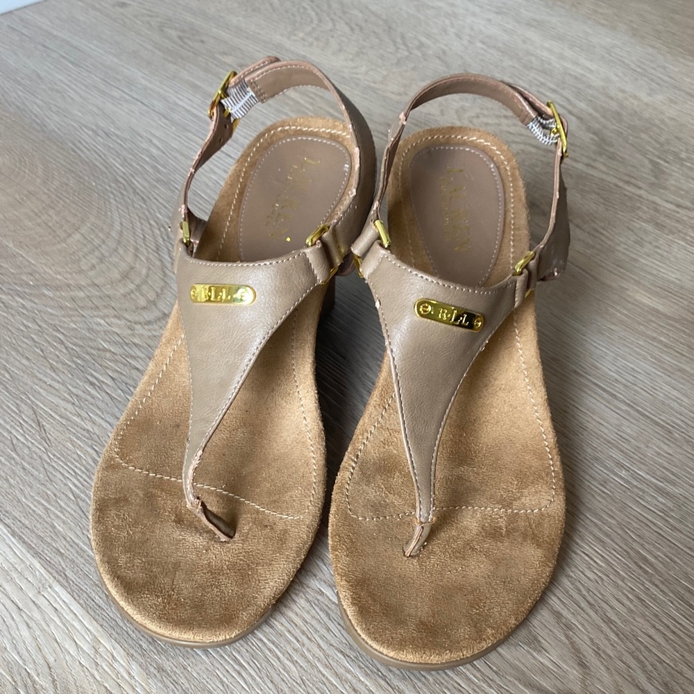 Lauren Ralph Lauren Tan Gold Wedge Sandals Thong Leather Slingback Classic